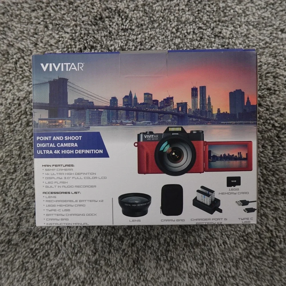 Vivitar VECXX101 4K Point Shoot Digital Camera Red 56MP 8X Zoom 3